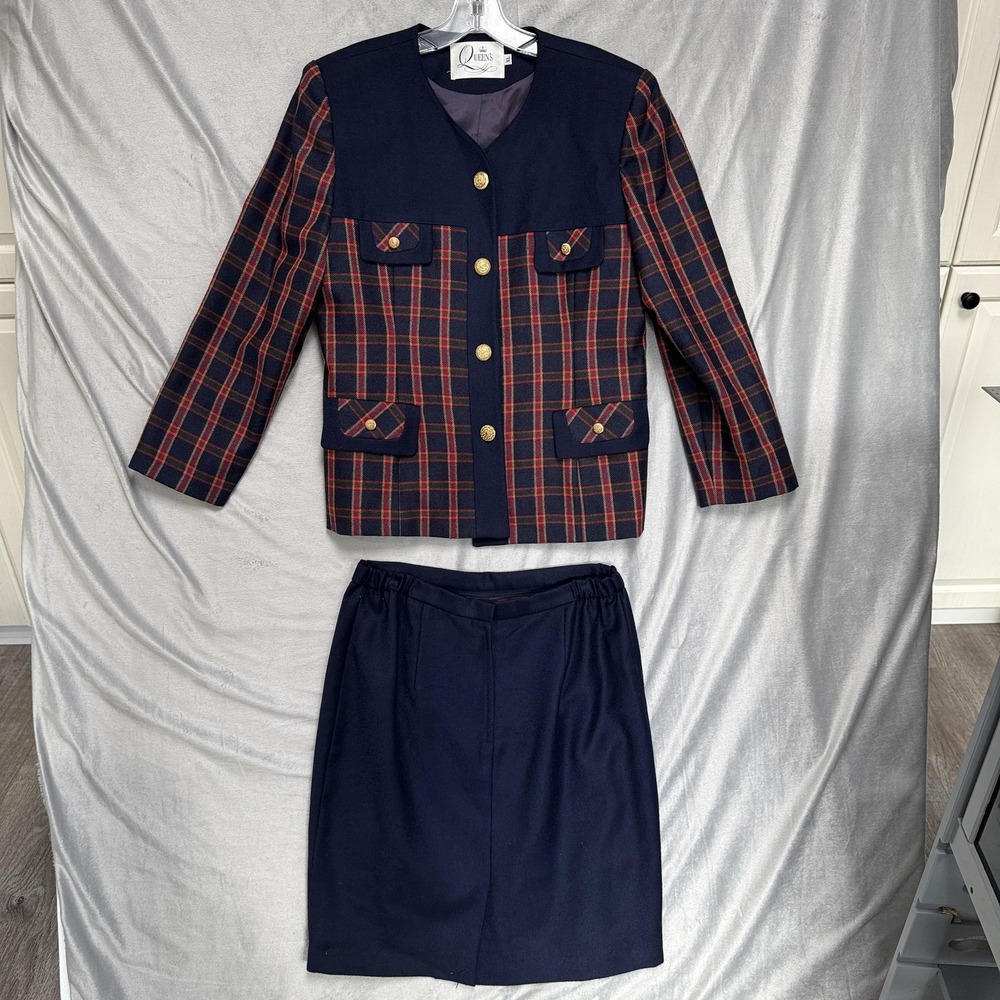 Queen's Skirt Suit Womens XL Navy‎ Tartan Plaid Gold Button 2 Piece Set Lined